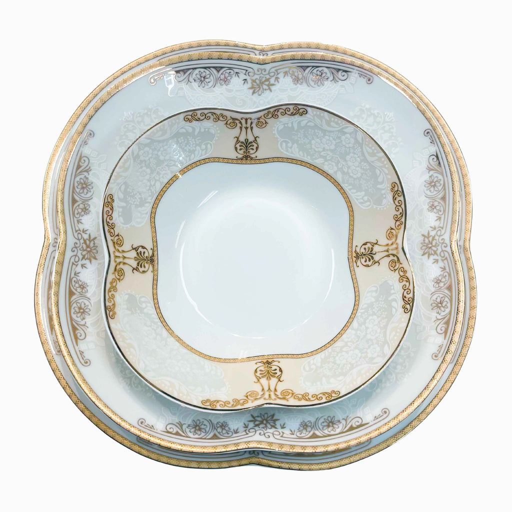 12-PERSON 104 PIECE WHITE AND GOLD DINNERWARE SET