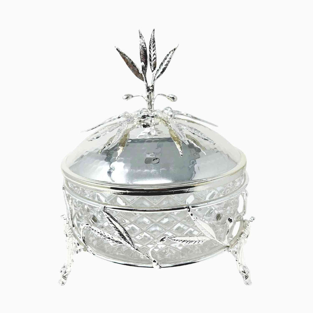 GLASS SNACK BOWL ON SILVER TONE STAND