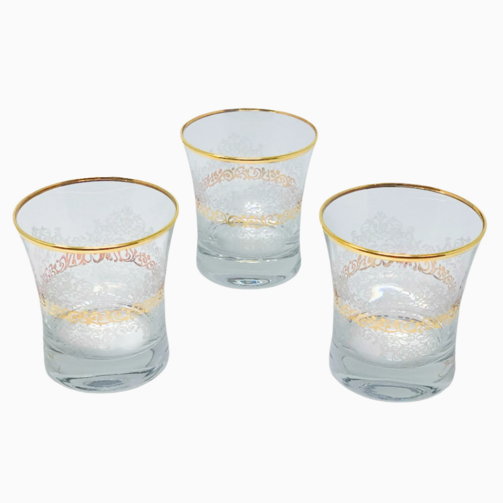 Set of 6 Moroccan tea glasses with gold detailing, elegant glassware for tea and espresso