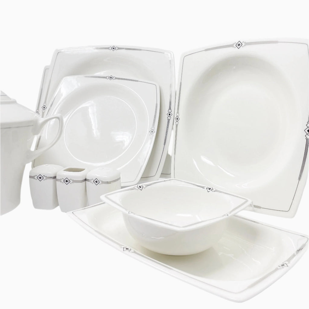 62-PIECE WHITE & SILVER DINNERWARE SET FOR 12-PERSON