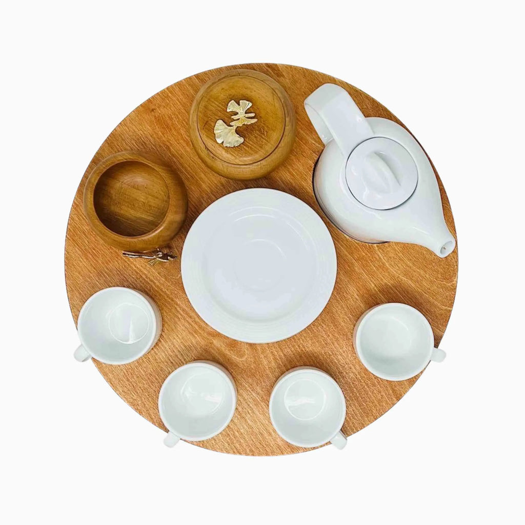 FOUR PERSON PORCELAIN TEA SET ON WOODEN TRAY WITH GOLD BUTTERFLY HANDLES