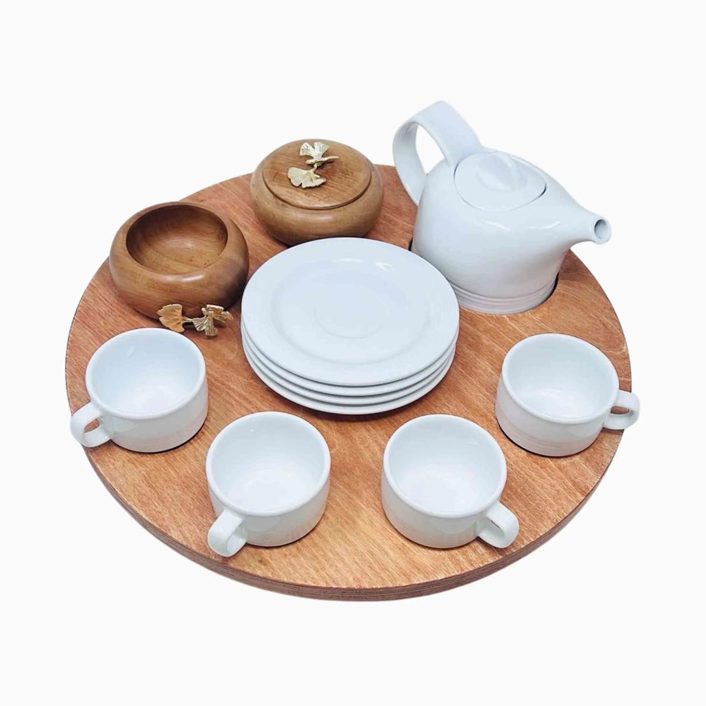 FOUR PERSON PORCELAIN TEA SET ON WOODEN TRAY WITH GOLD BUTTERFLY HANDLES