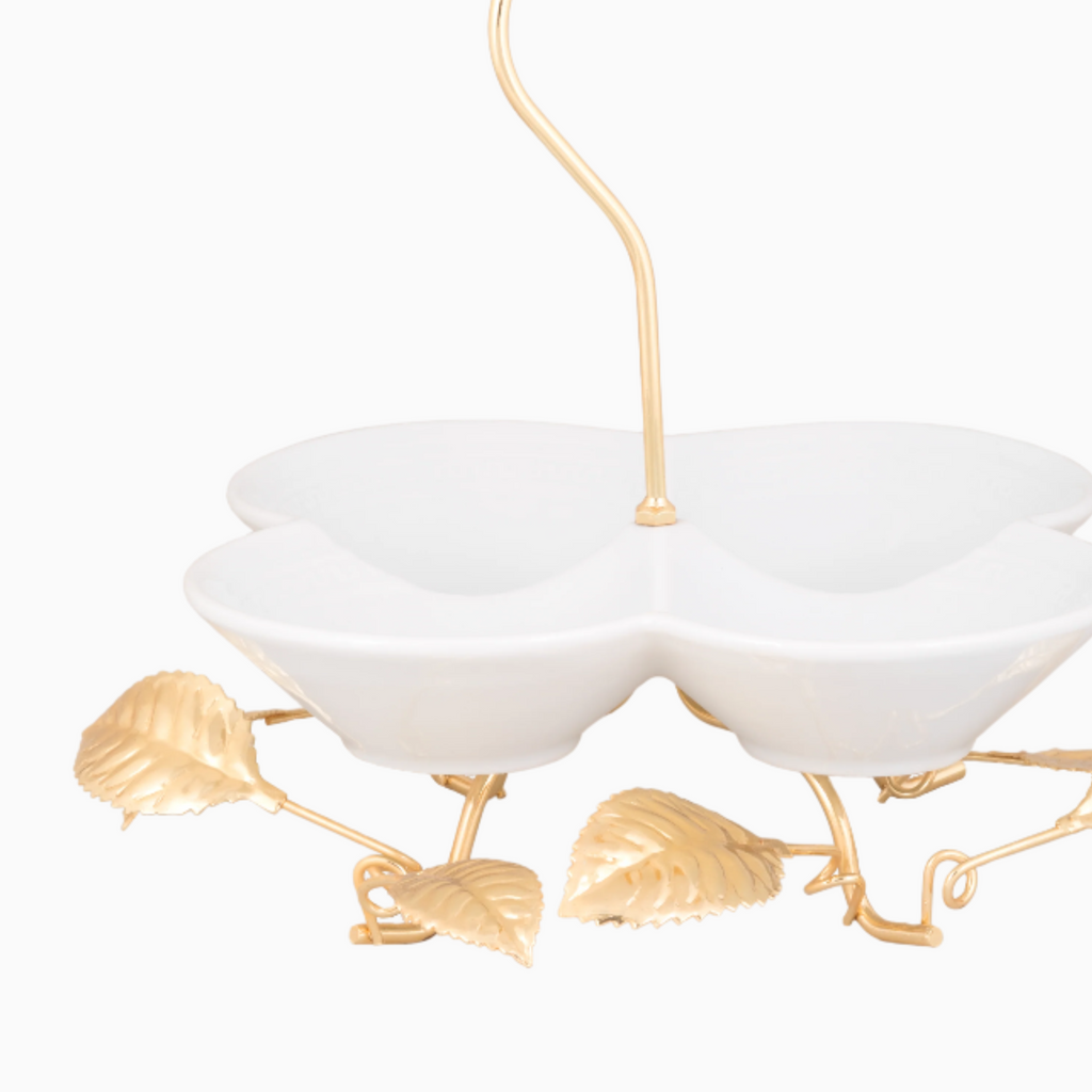 FOUR SECTION SNACK BOWL ON GOLDEN TONE STAND, FLOWER AND BIRD COLLECTION