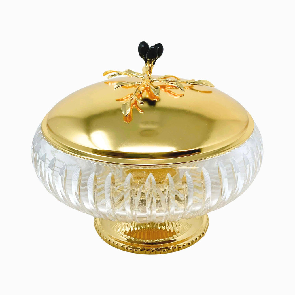 GLASS BOWL ON FOOT WITH GOLD TONE LID