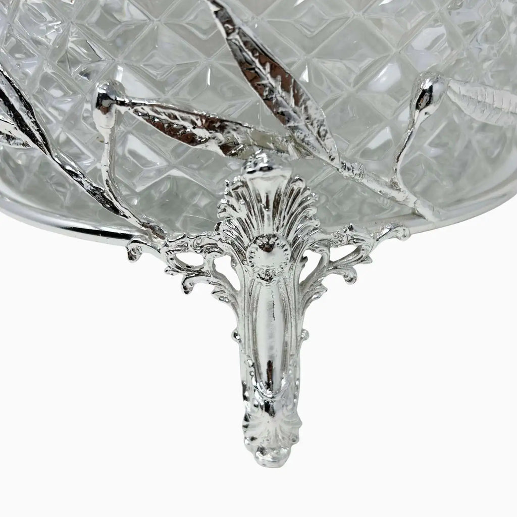 GLASS SNACK BOWL ON SILVER TONE STAND