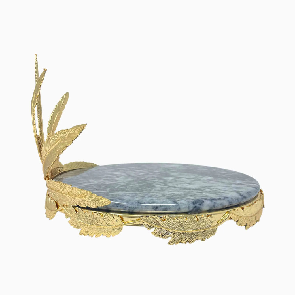 GREY MARBLE TRAY ON GOLDEN TONE LEAF STAND