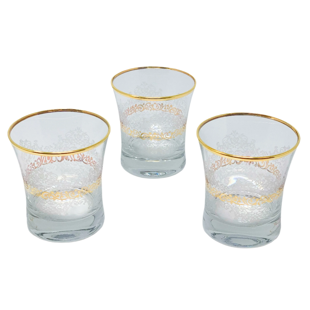 Set of 6 Moroccan tea glasses with gold detailing, elegant glassware for tea and espresso