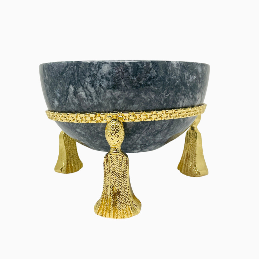 LAREGE ROUND MARBLE BOWL ON GOLDEN TONE STAND