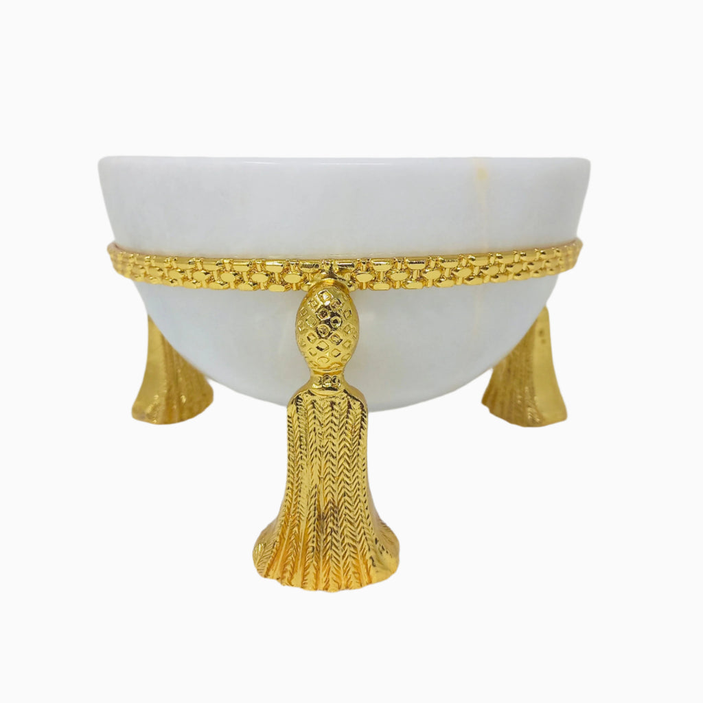 LAREGE ROUND MARBLE BOWL ON GOLDEN TONE STAND