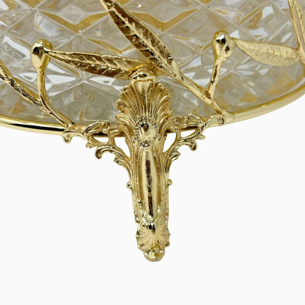 LARGE GLASS BOWL ON GOLDEN TONE STAND, OLIVE LEAF COLLECTION