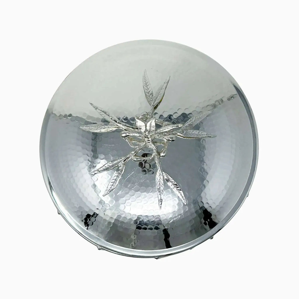 LARGE GLASS BOWL ON GOLDEN TONE STAND, OLIVE LEAF COLLECTION