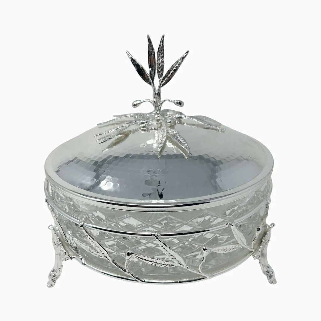 LARGE GLASS BOWL ON GOLDEN TONE STAND, OLIVE LEAF COLLECTION