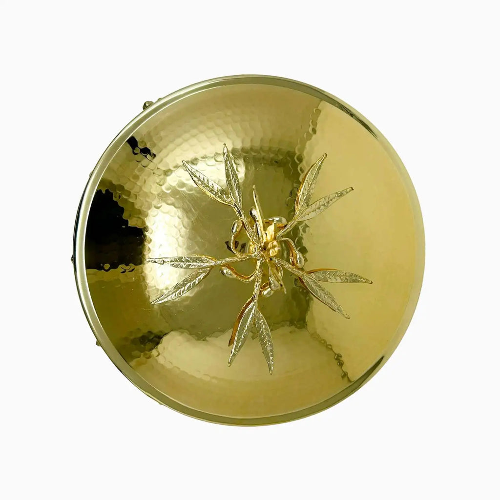 LARGE GLASS BOWL ON GOLDEN TONE STAND, OLIVE LEAF COLLECTION