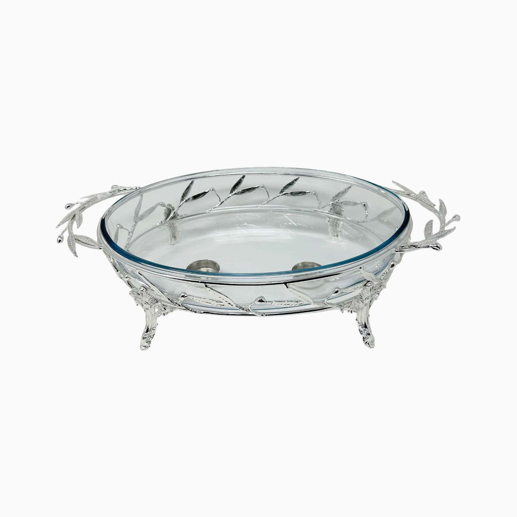 LARGE OVAL PYREX DISH ON STAND, OLIVE LEAF COLLECTION