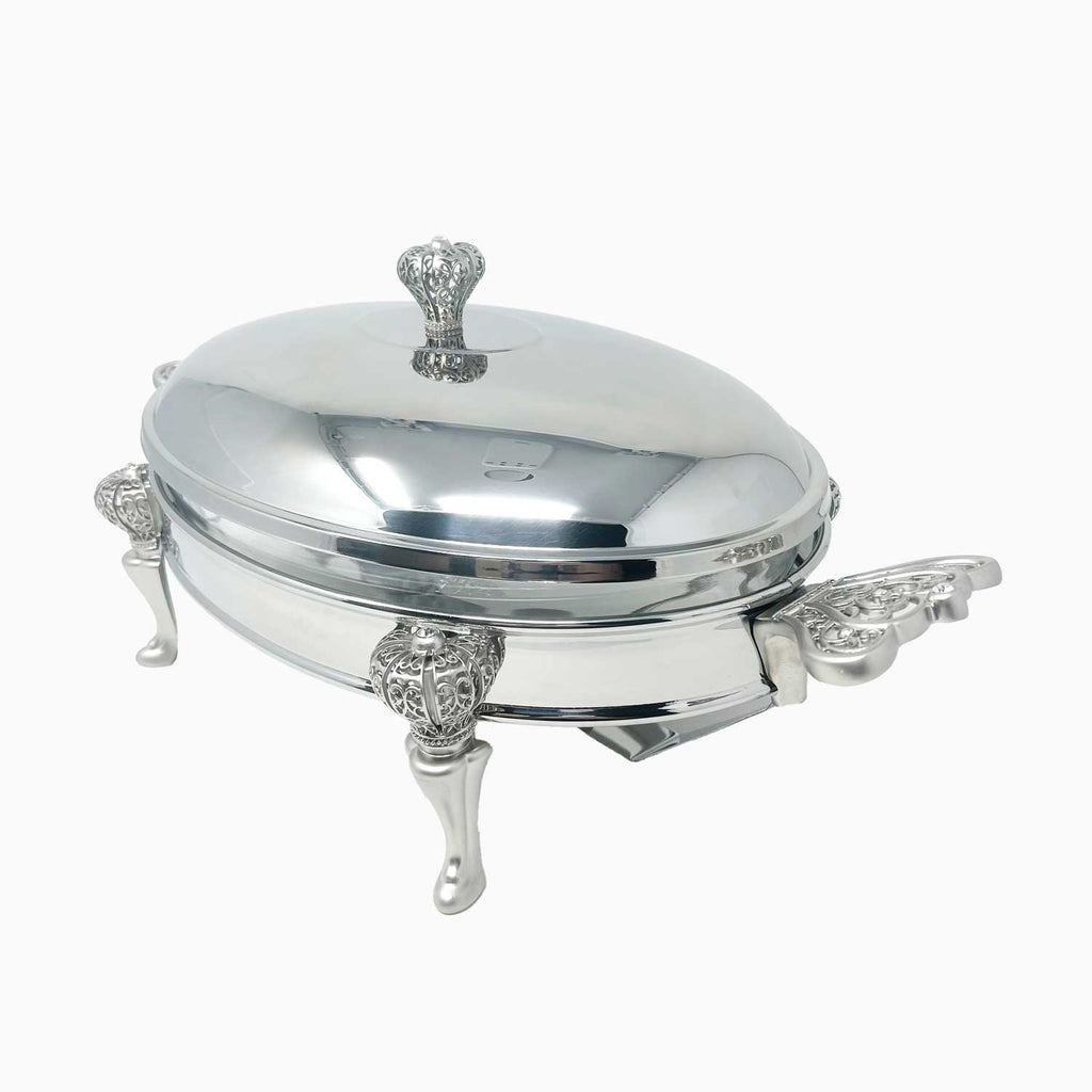 LARGE SILVER TONE OVAL SERVING DISH WITH WARMER