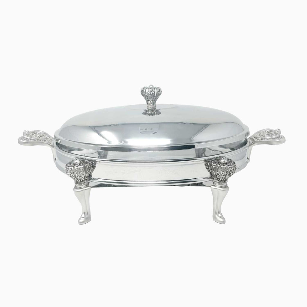 LARGE SILVER TONE OVAL SERVING DISH WITH WARMER