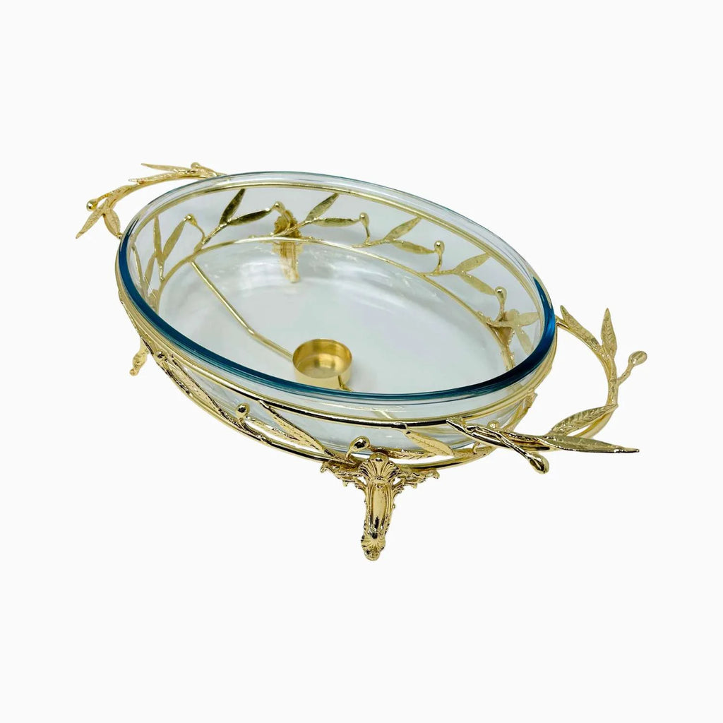 MEDIUM OVAL PYREX SERVING DISH ON STAND WITH WARMER, OLIVE LEAF COLLECTION