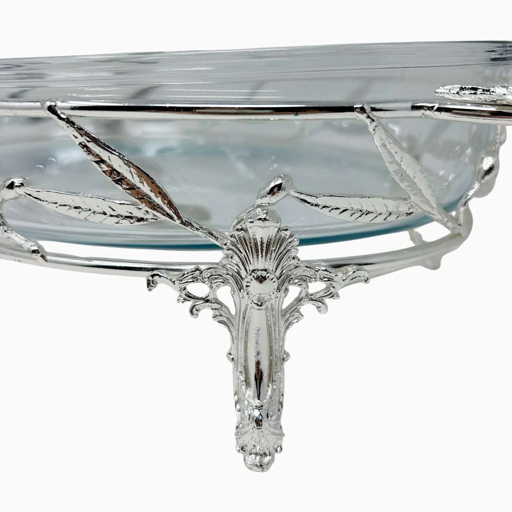 MEDIUM OVAL PYREX SERVING DISH ON STAND WITH WARMER, OLIVE LEAF COLLECTION