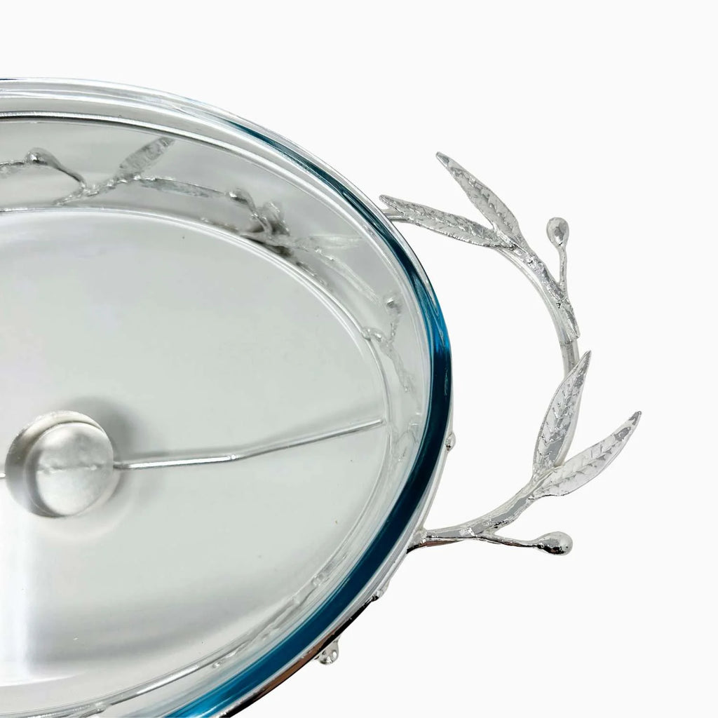 MEDIUM OVAL PYREX SERVING DISH ON STAND WITH WARMER, OLIVE LEAF COLLECTION