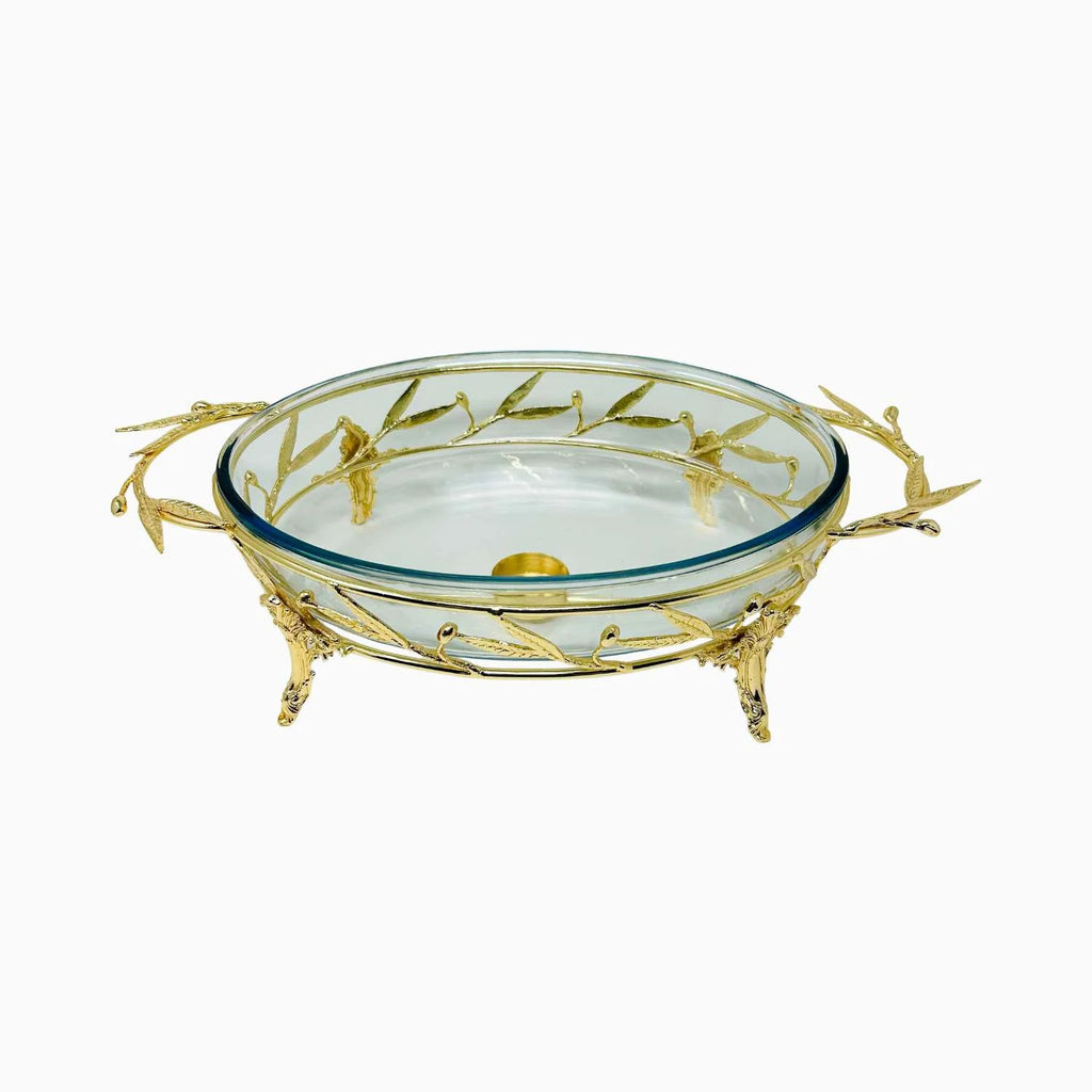 MEDIUM OVAL PYREX SERVING DISH ON STAND WITH WARMER, OLIVE LEAF COLLECTION