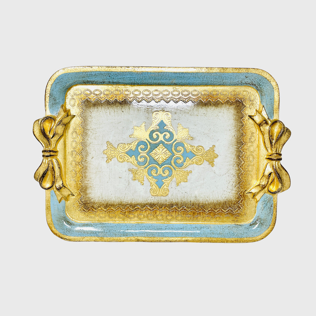 Elegant rectangular serving tray with blue and gold accents

