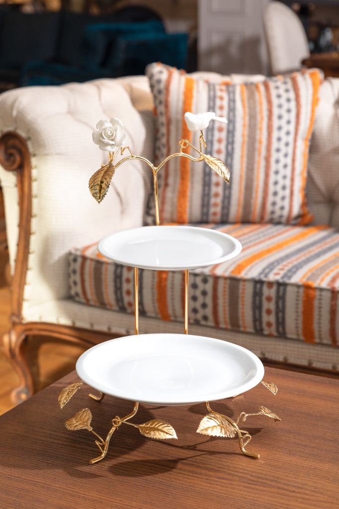 ROUND TWO TIER SERVING PLATE ON GOLDEN TONE STAND, FLOWER AND BIRD COLLECTION
