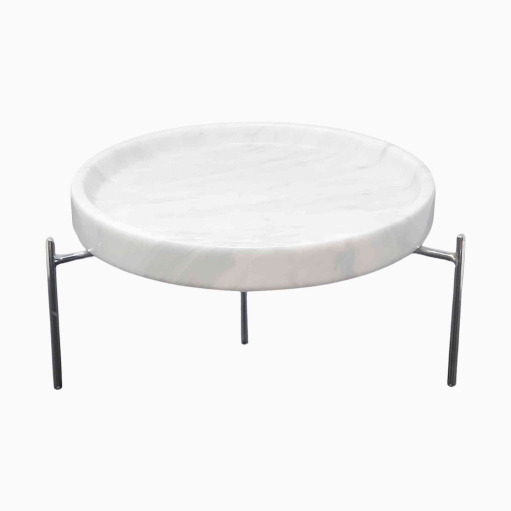 ROUND WHITE MARBLE SERVING BOARD ON STAND