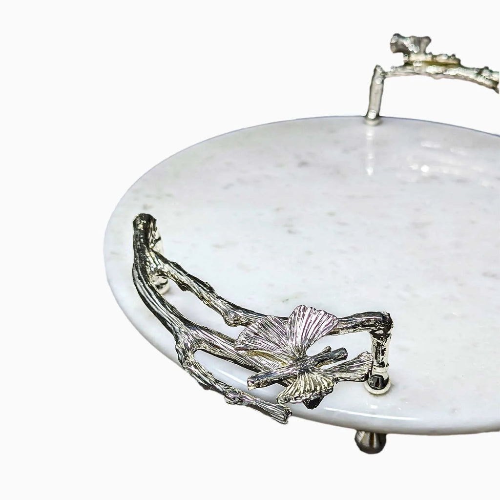 ROUND WHITE MARBLE TABLE WITH SILVER BUTTERFLY