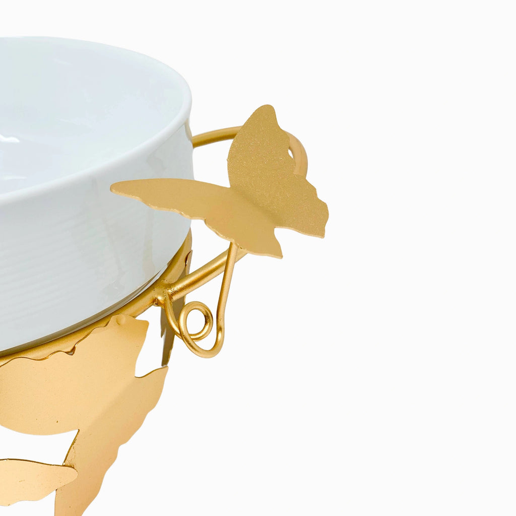 ROUND WHITE SERVING BOWL ON GOLD STAND