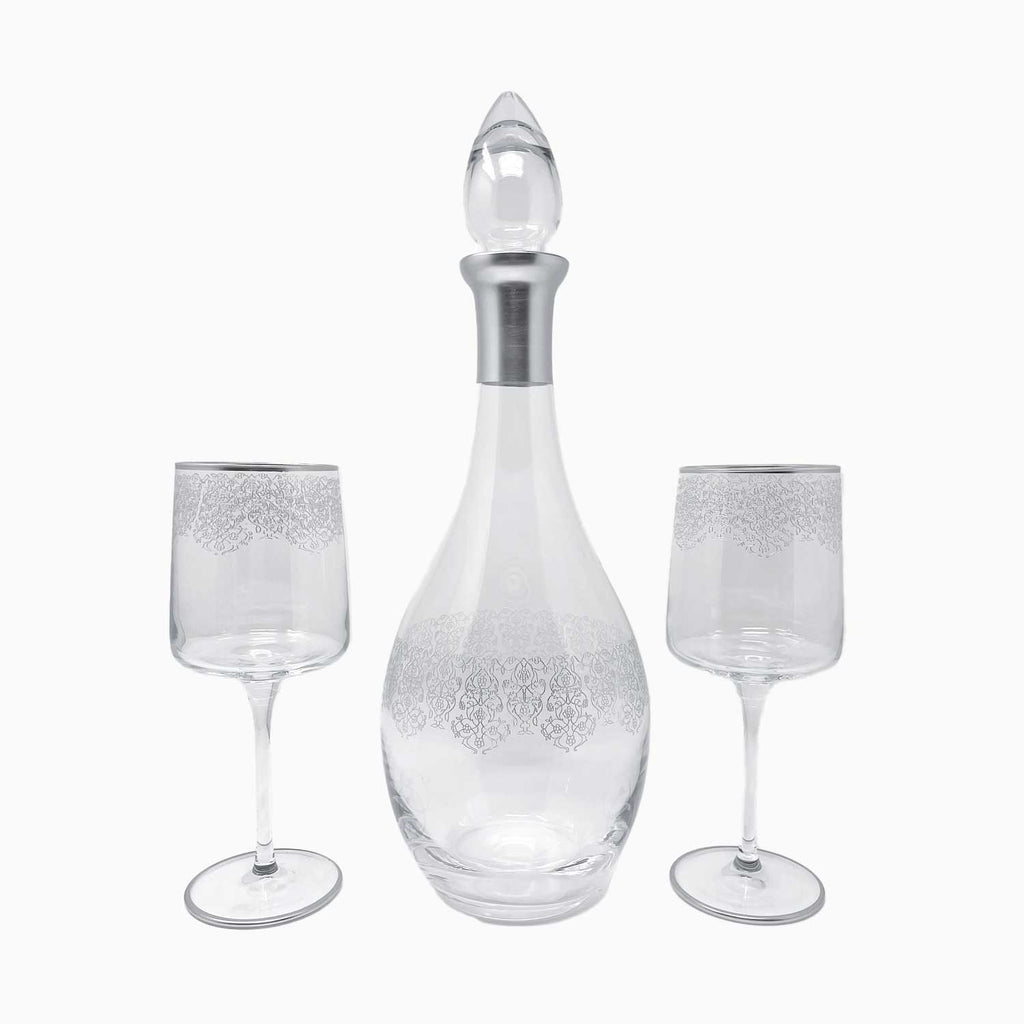 SILVER-RIMMED WINE VESSEL AND SIX GLASSES SET