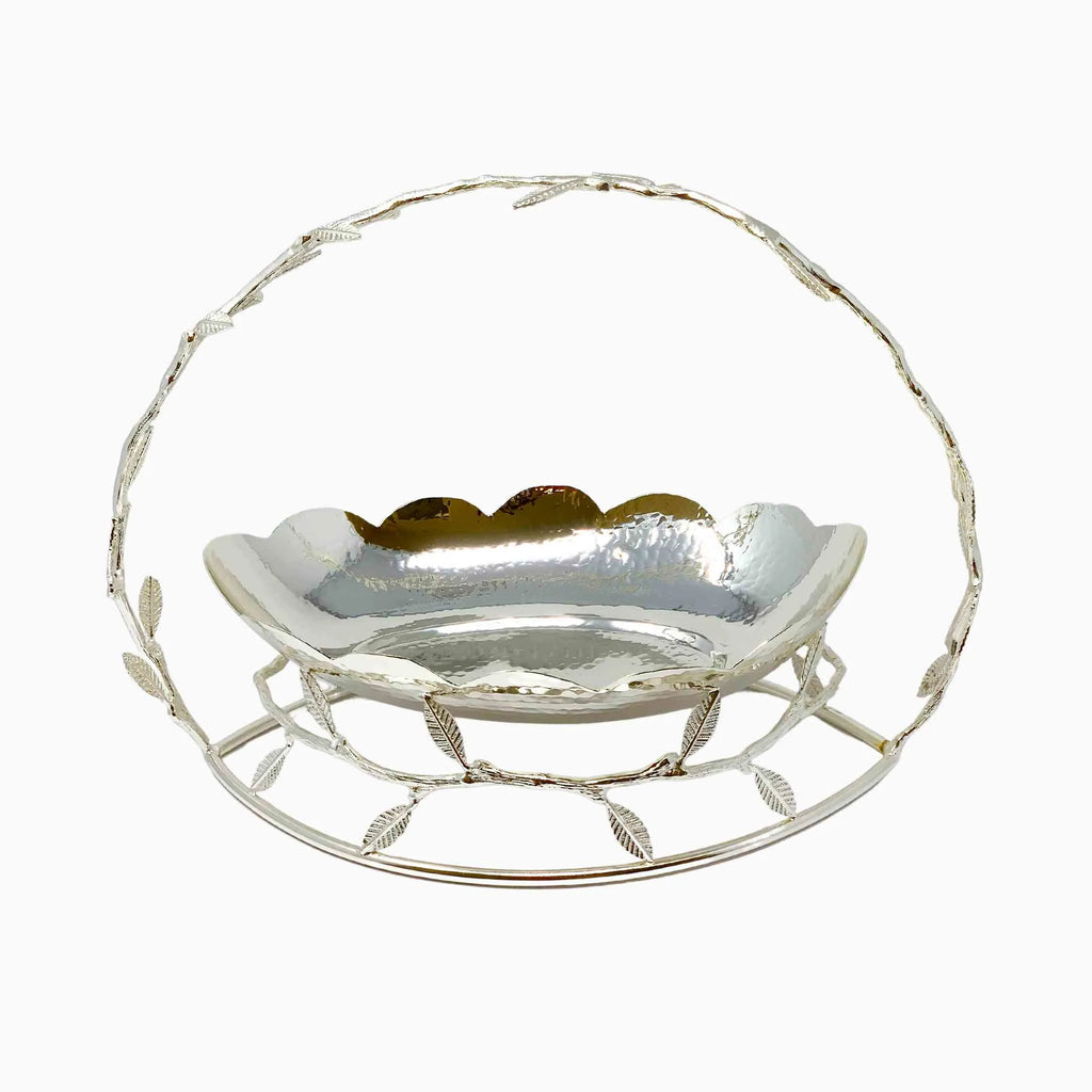 SILVER SNACK TRAY ON ROUND STAND WITH HANDLE