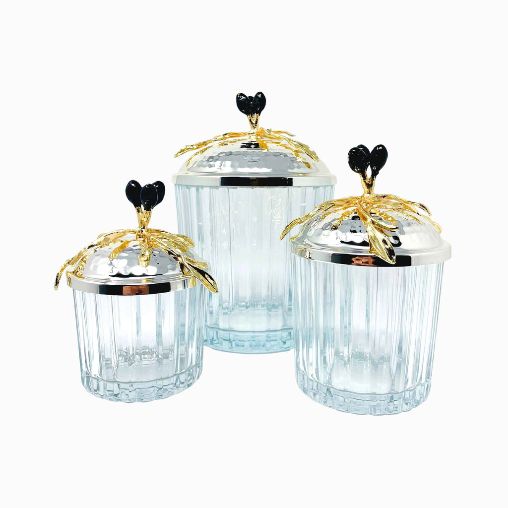 SILVER TONE GLASS JAR SET WITH LID