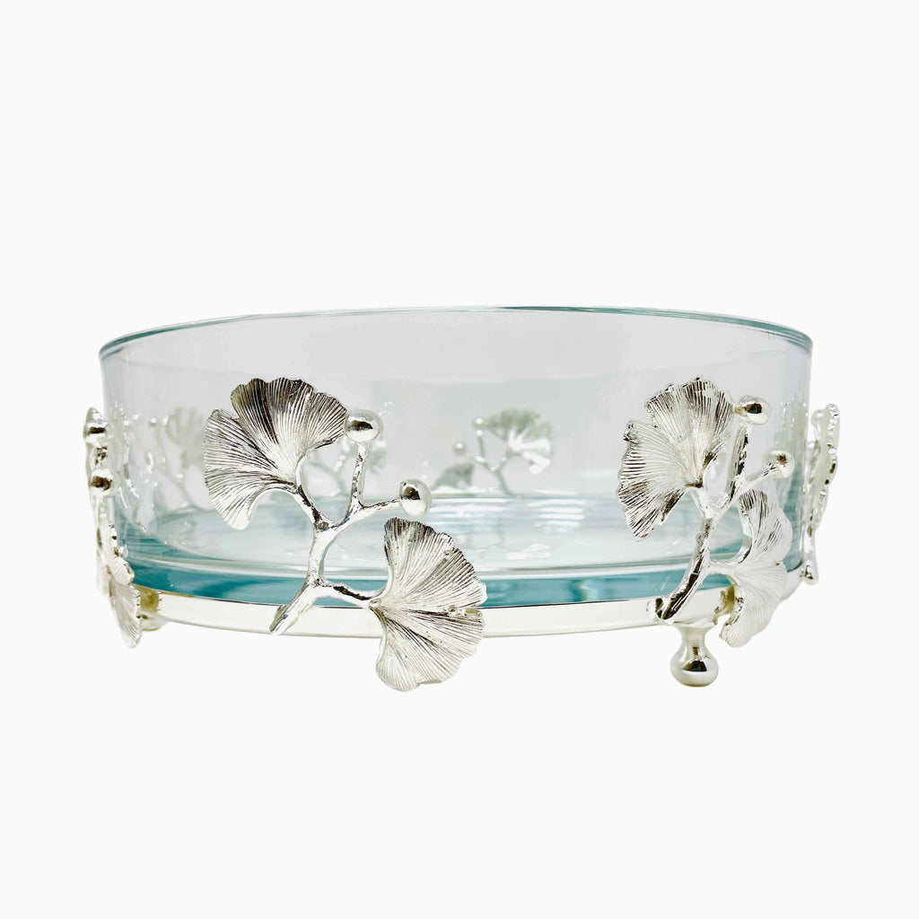 SILVER TONE GLASS SERVING BOWL