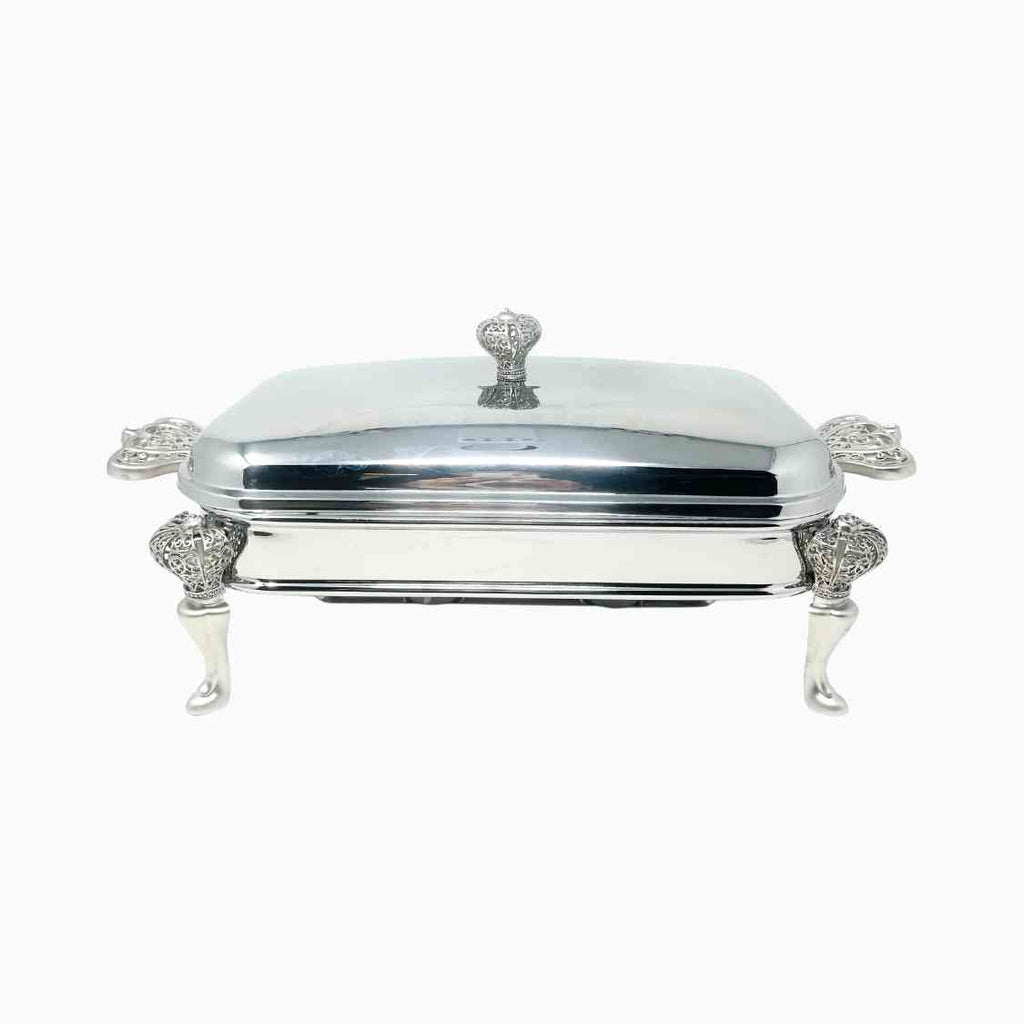 SILVER TONE RECTANGULAR SERVING DISH WITH WARMER