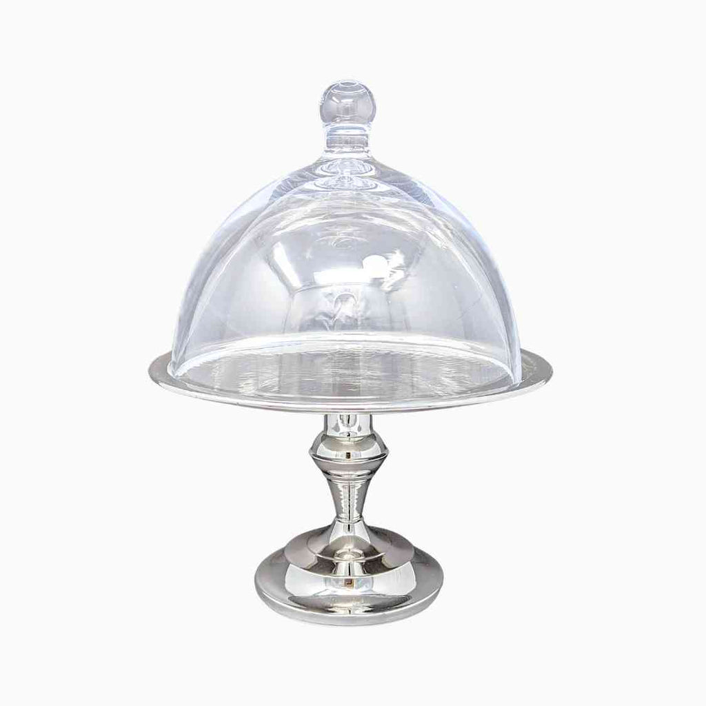 SMALL SILVER CAKE STAND WITH CLEAR GLASS