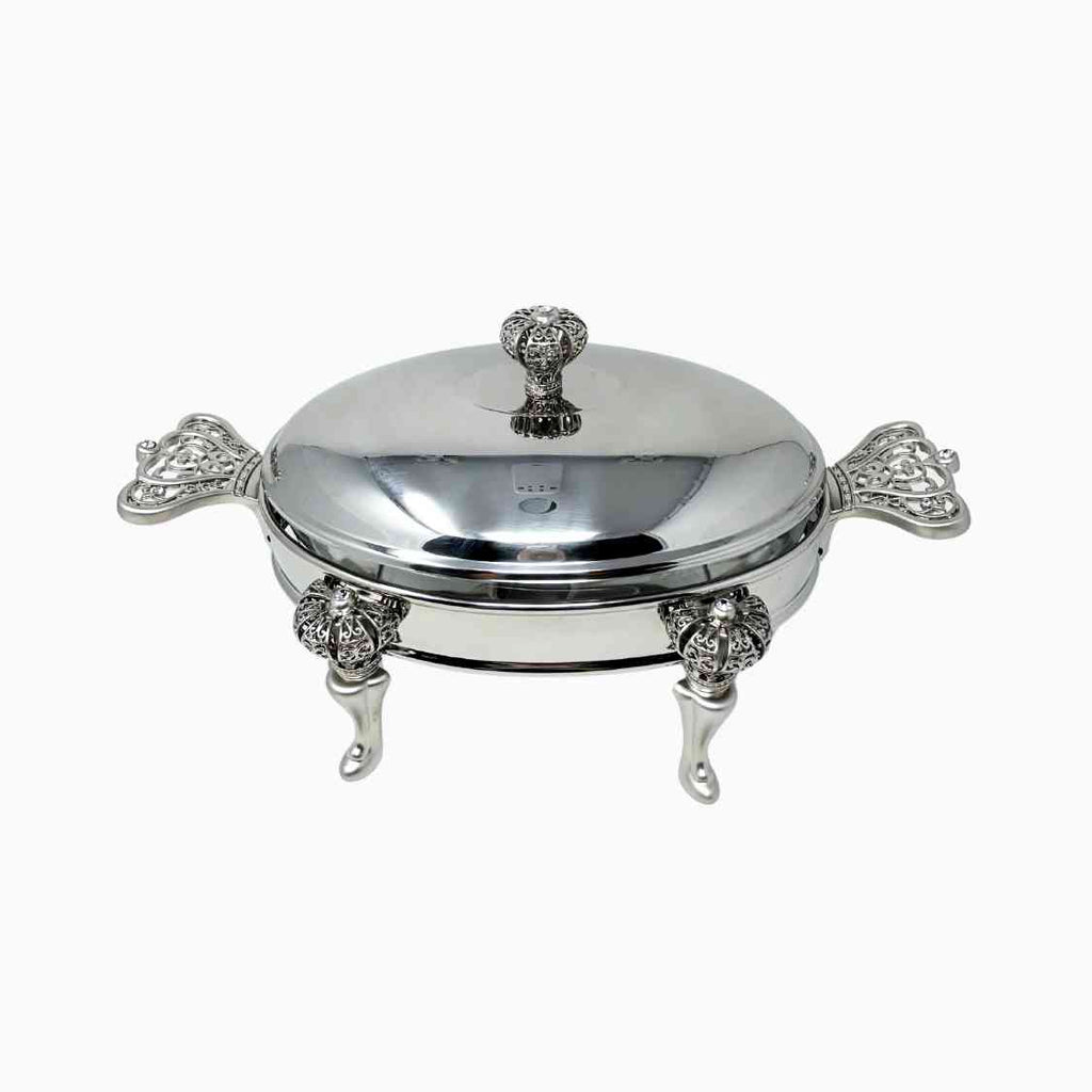 SMALL SILVER TONE OVAL SERVING DISH WITH WARMER