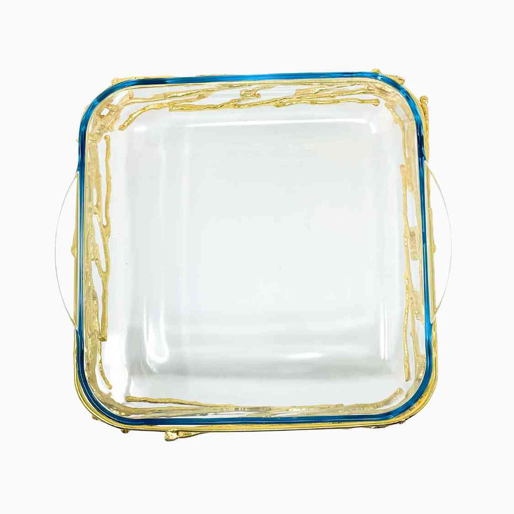 SQUARE PYREX SERVING DISH ON GOLDEN TONE STAND