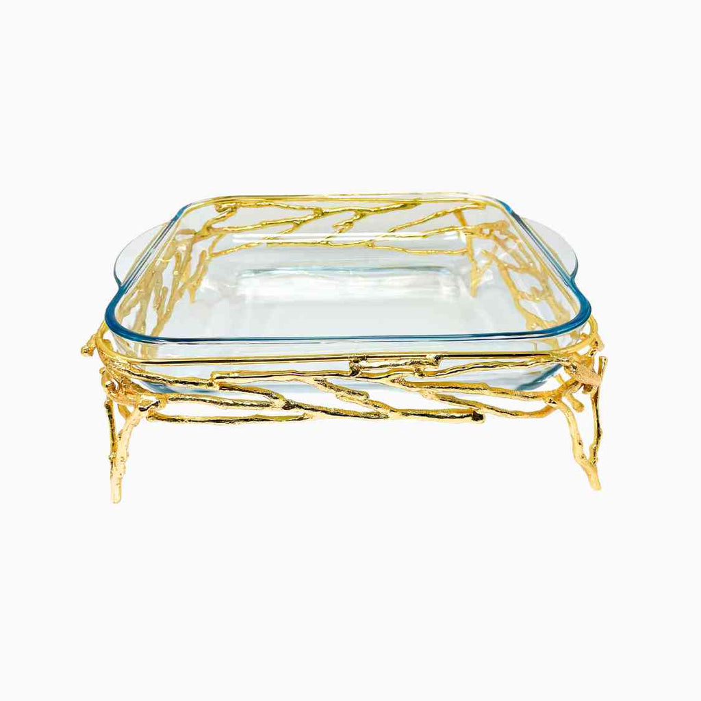 SQUARE PYREX SERVING DISH ON GOLDEN TONE STAND