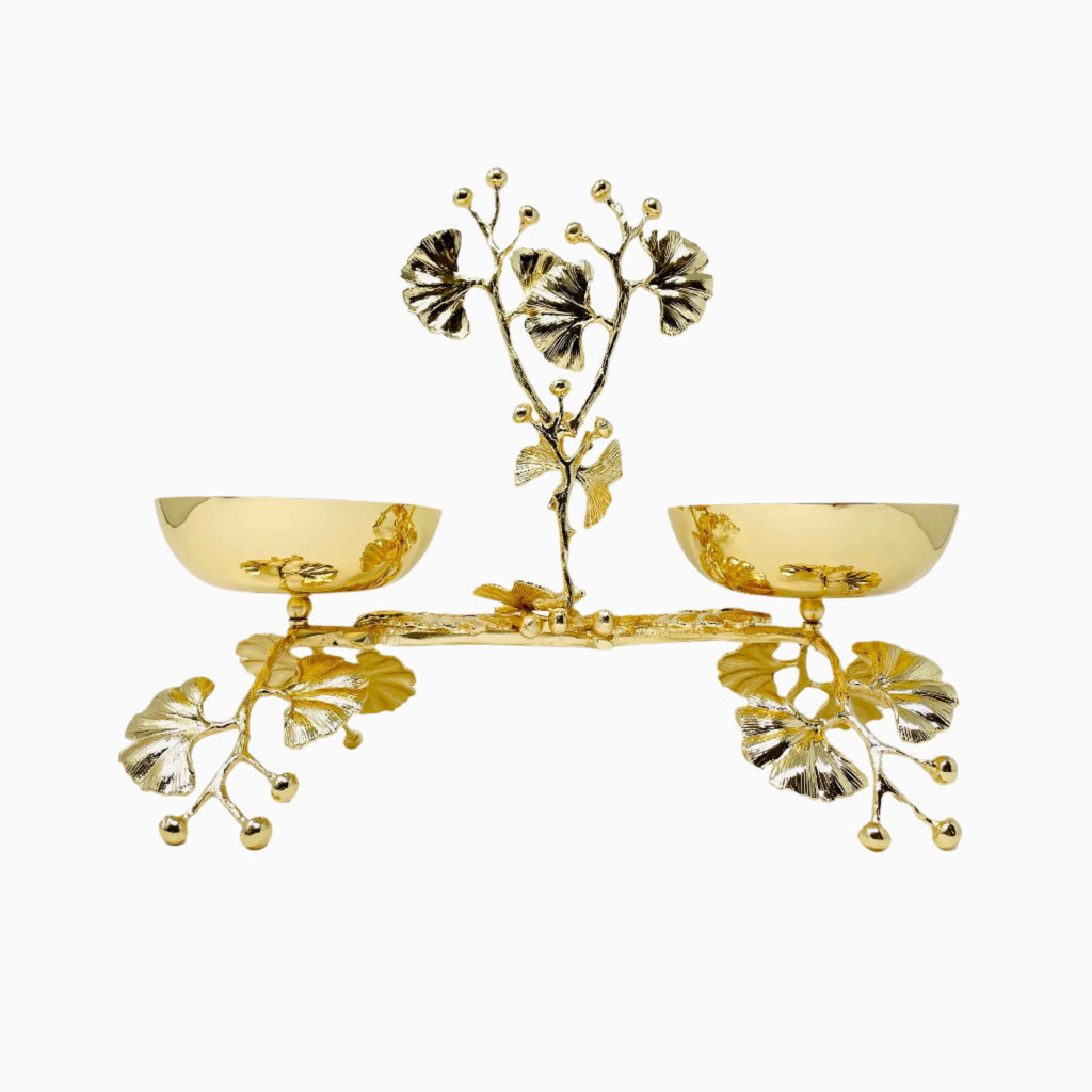 TWO-SECTION GOLDEN TONE SNACK BOWL ON STAND