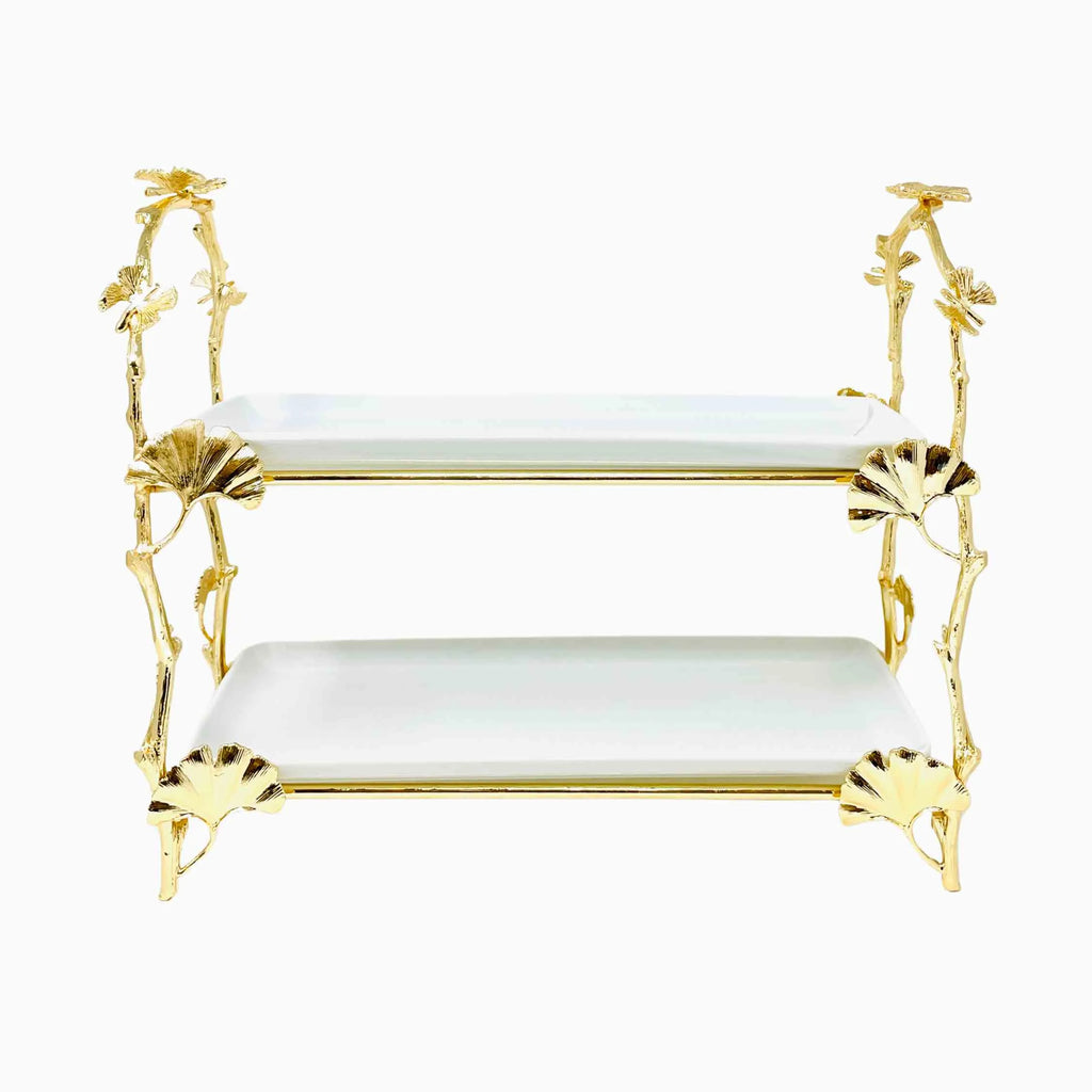 TWO-TIERED WHITE MARBLE TRAY WITH GOLD TONED HANDLE