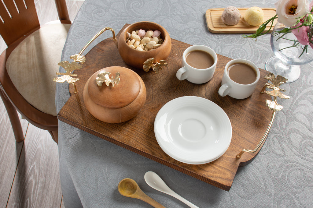TWO PERSON PORCELAIN TEA SET ON WOODEN TRAY