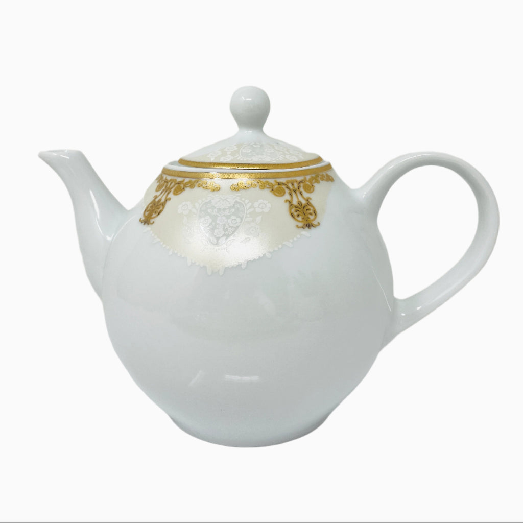 WHITE AND GOLD TEAPOT WITH LID