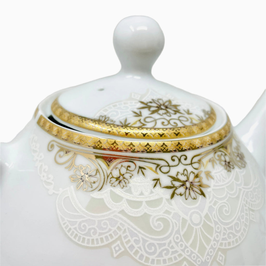 WHITE AND GOLD TEAPOT WITH LID