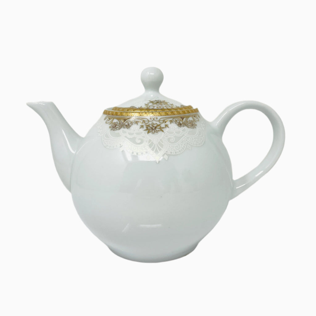 WHITE AND GOLD TEAPOT WITH LID