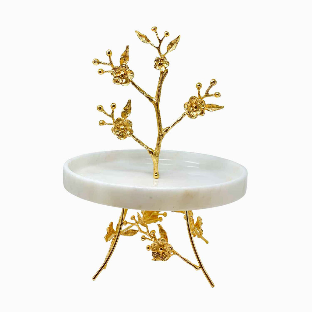 WHITE MARBLE SNACK PLATE ON GOLDEN TONE STAND