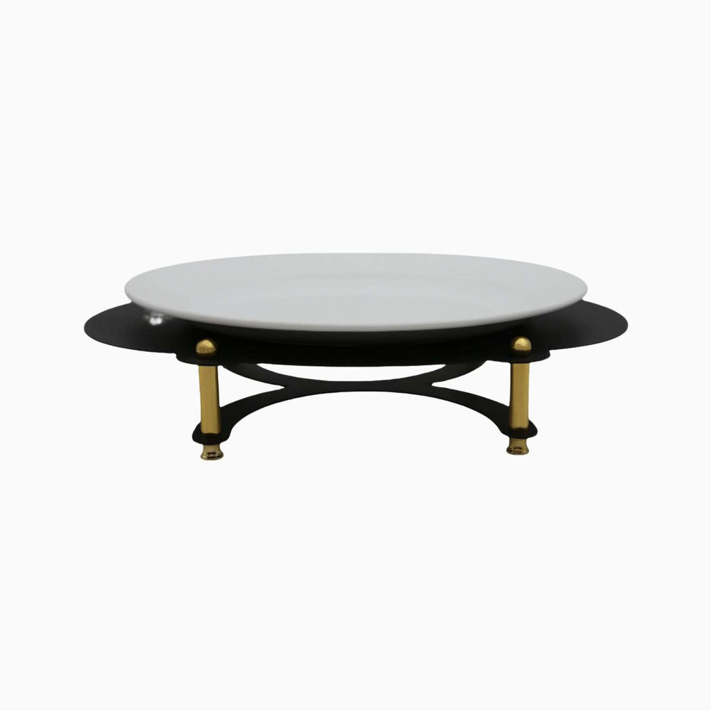 WHITE OVAL SERVING PLATE ON BLACK AND GOLD STAND