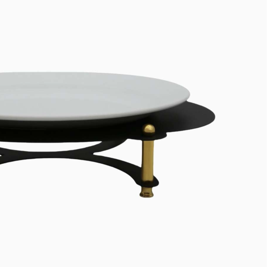 WHITE OVAL SERVING PLATE ON BLACK AND GOLD STAND