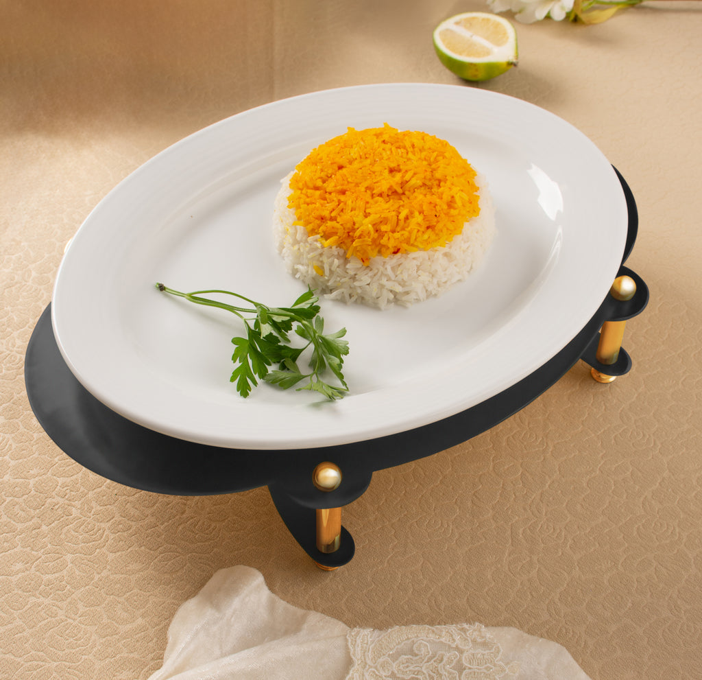 WHITE OVAL SERVING PLATE ON BLACK AND GOLD STAND