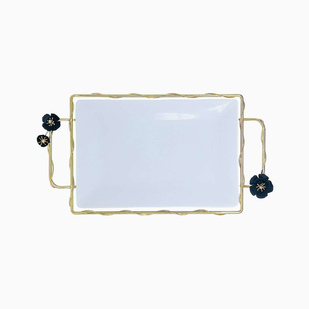 Rectangular serving plate with gold frame and floral ends on a white background
