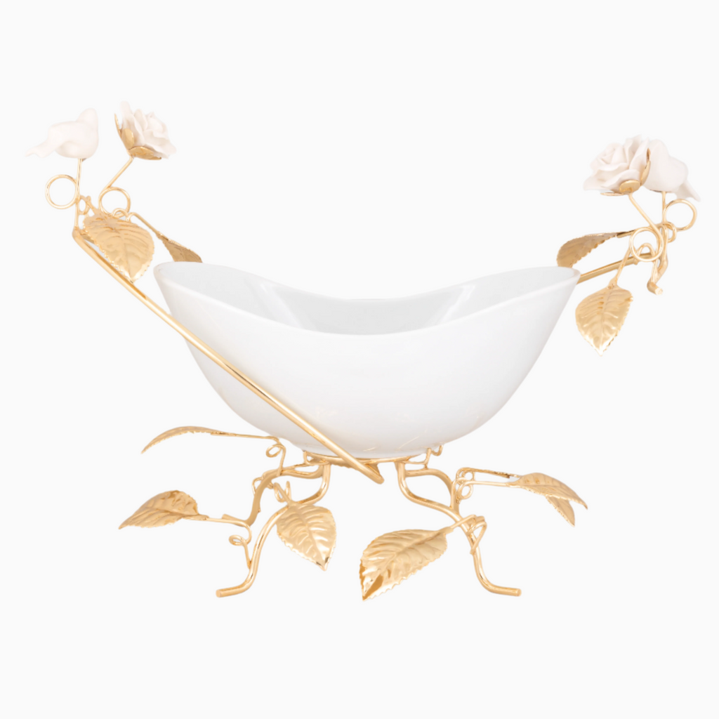 WHITE SERVING BOWL ON GOLDEN TONE STAND